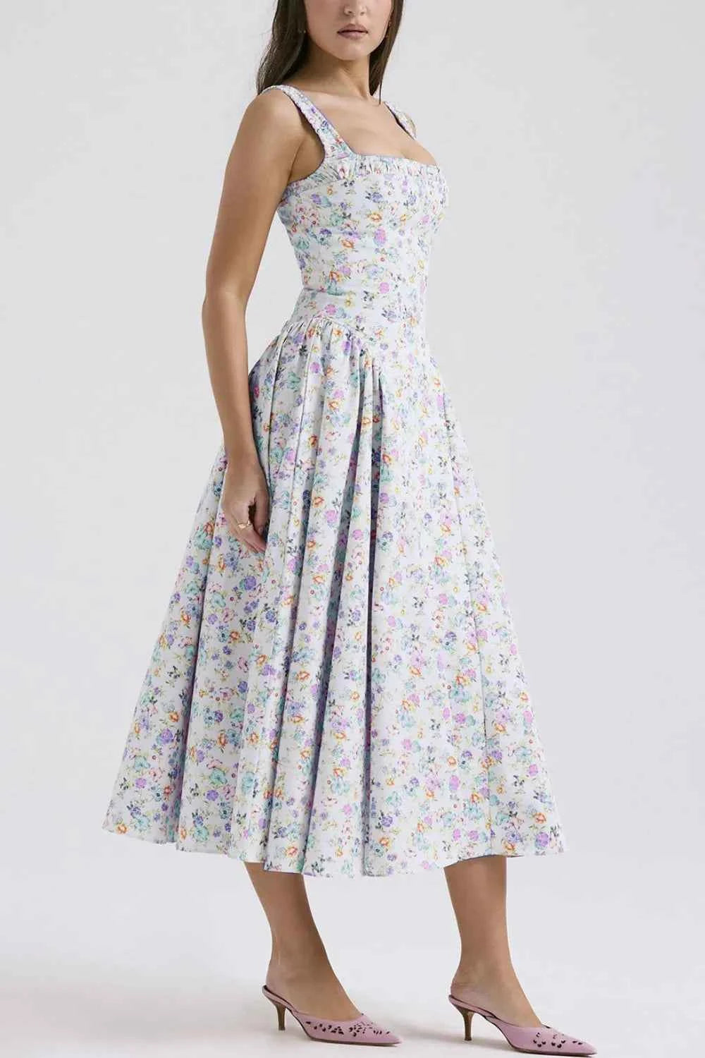 Floral Square Neck Wide Strap Midi Dress — view 1