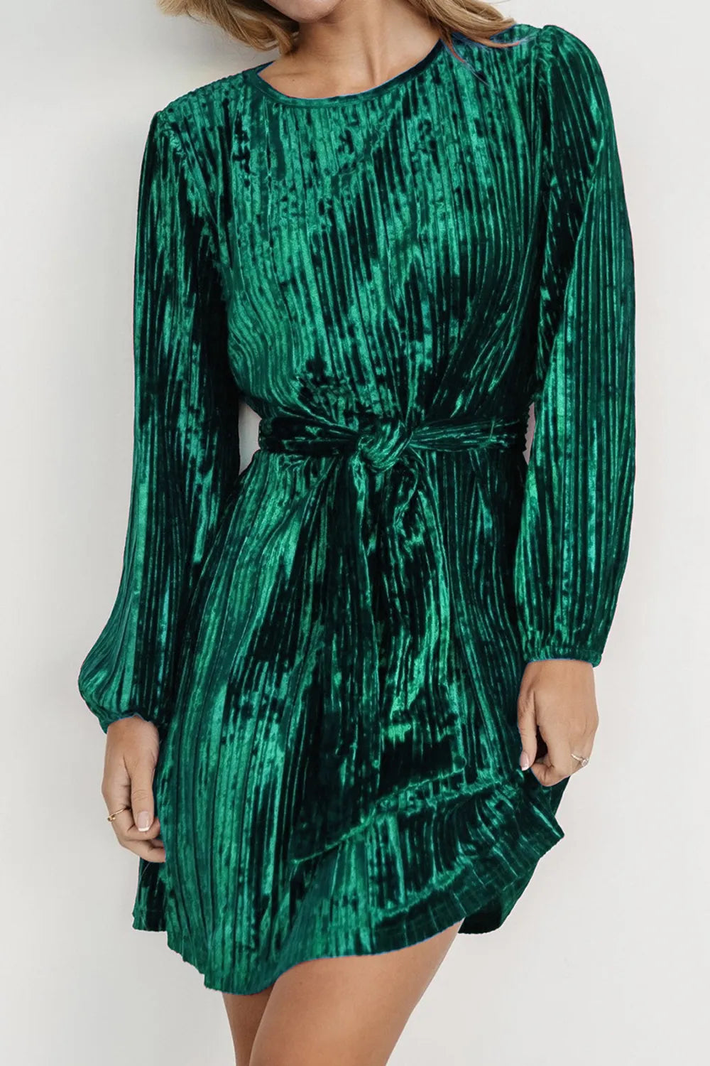 Velvet Round Neck Tie Waist Long Sleeve Mini Dress — view 5