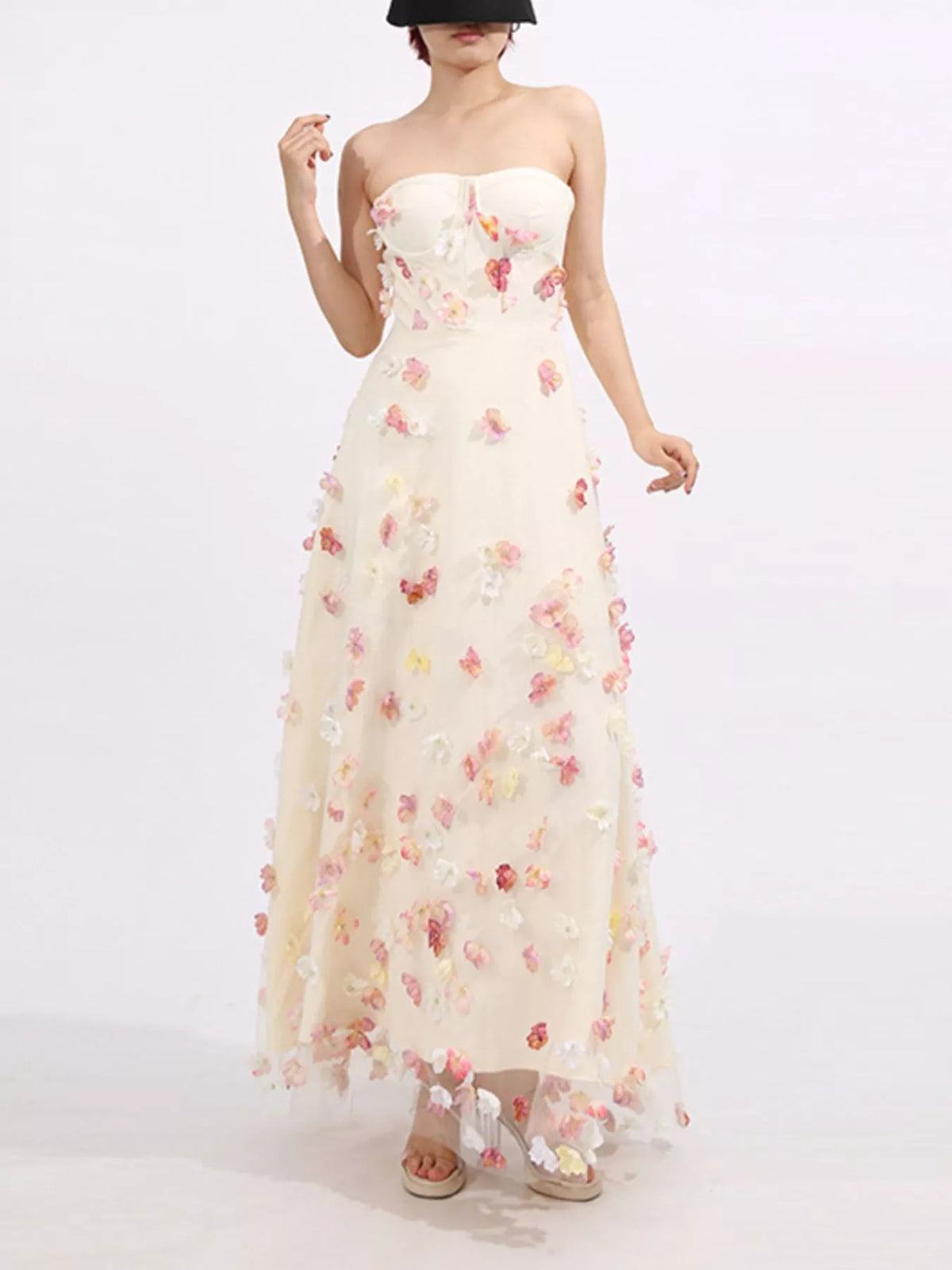 Floral Applique Strapless Tulle Maxi Dress — view 2
