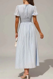 V-Neck Puff Short Sleeve Midi Dress - Effortless Elegance — view 2