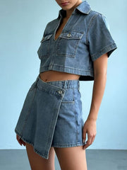 Short Sleeve Cropped Top and Skort Denim Set – Effortless Style — view 4
