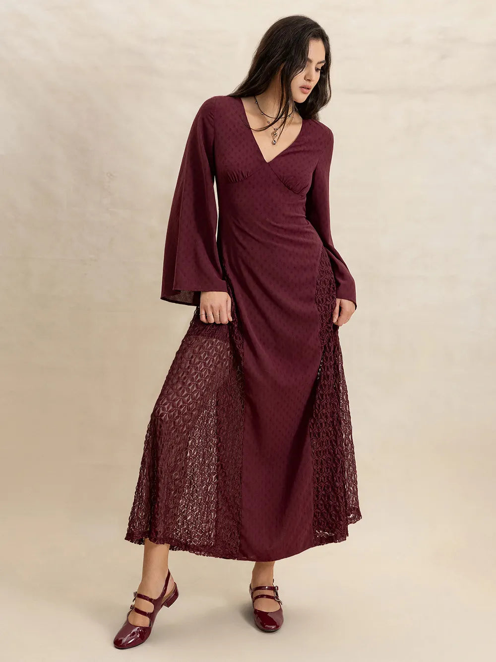 Lace Patchwork V-Neck Long Sleeve Midi Dress — view 8