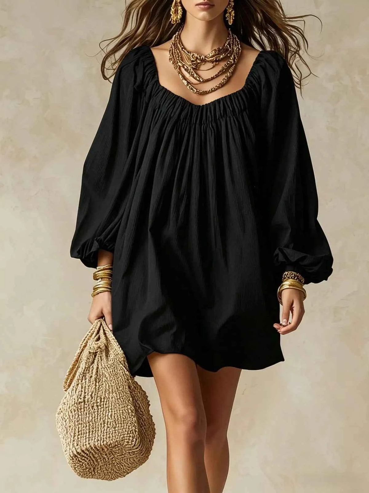 Chic Flowy Balloon Sleeve Mini Dress for Effortless Style — view 11