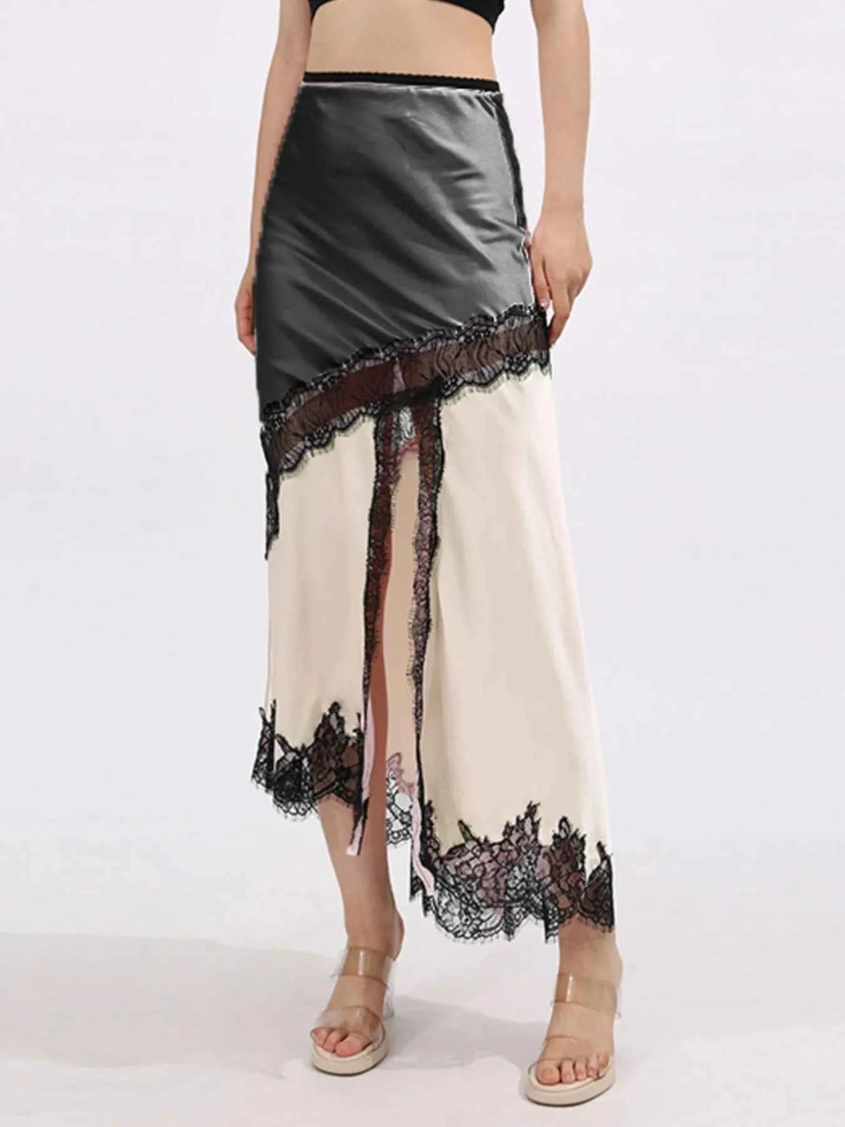 Elevate Your Style with the Asymmetrical Lace Trim Midi Skirt