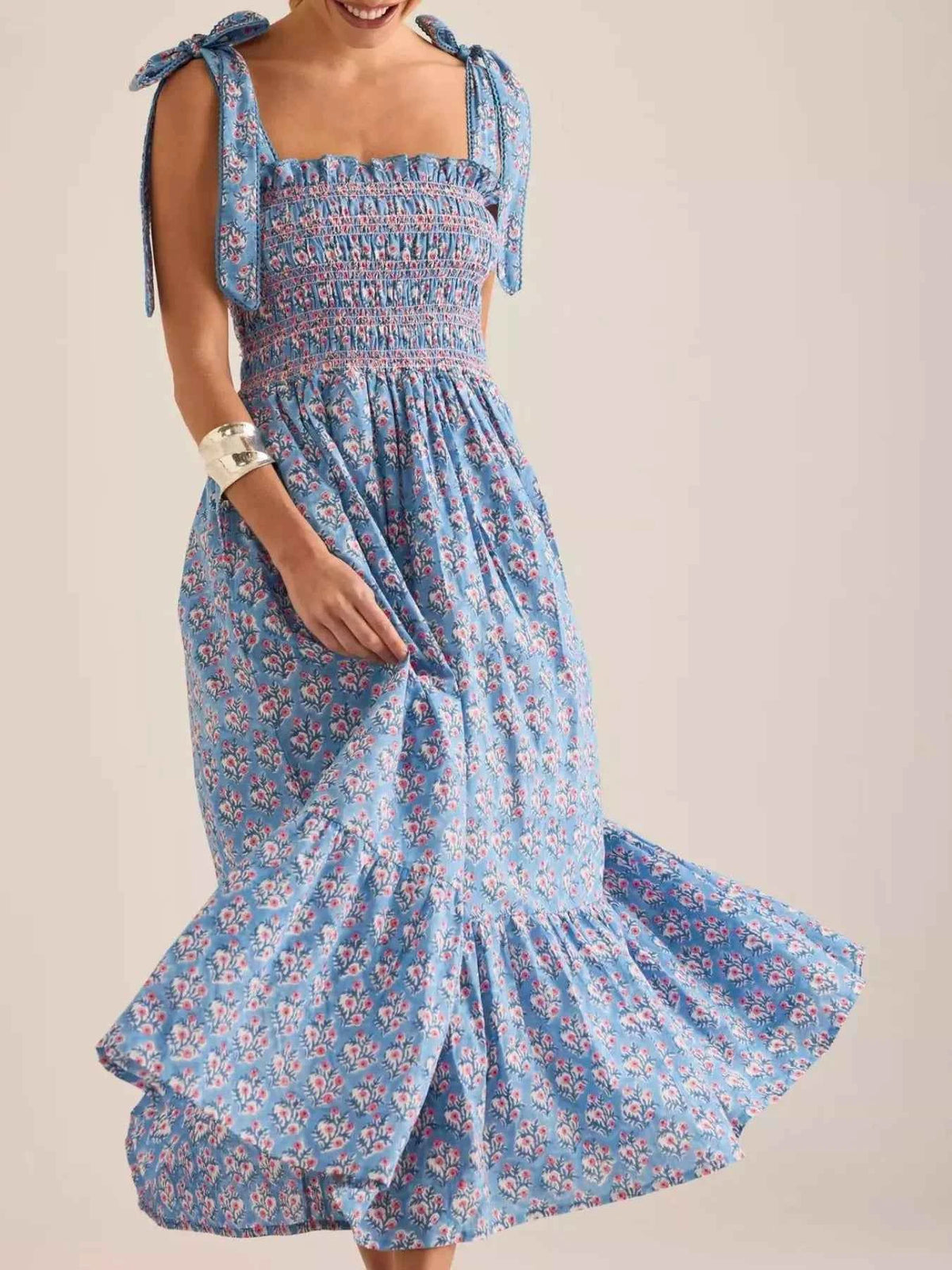 Floral Smocked Tie-Shoulder Midi Dress — view 1