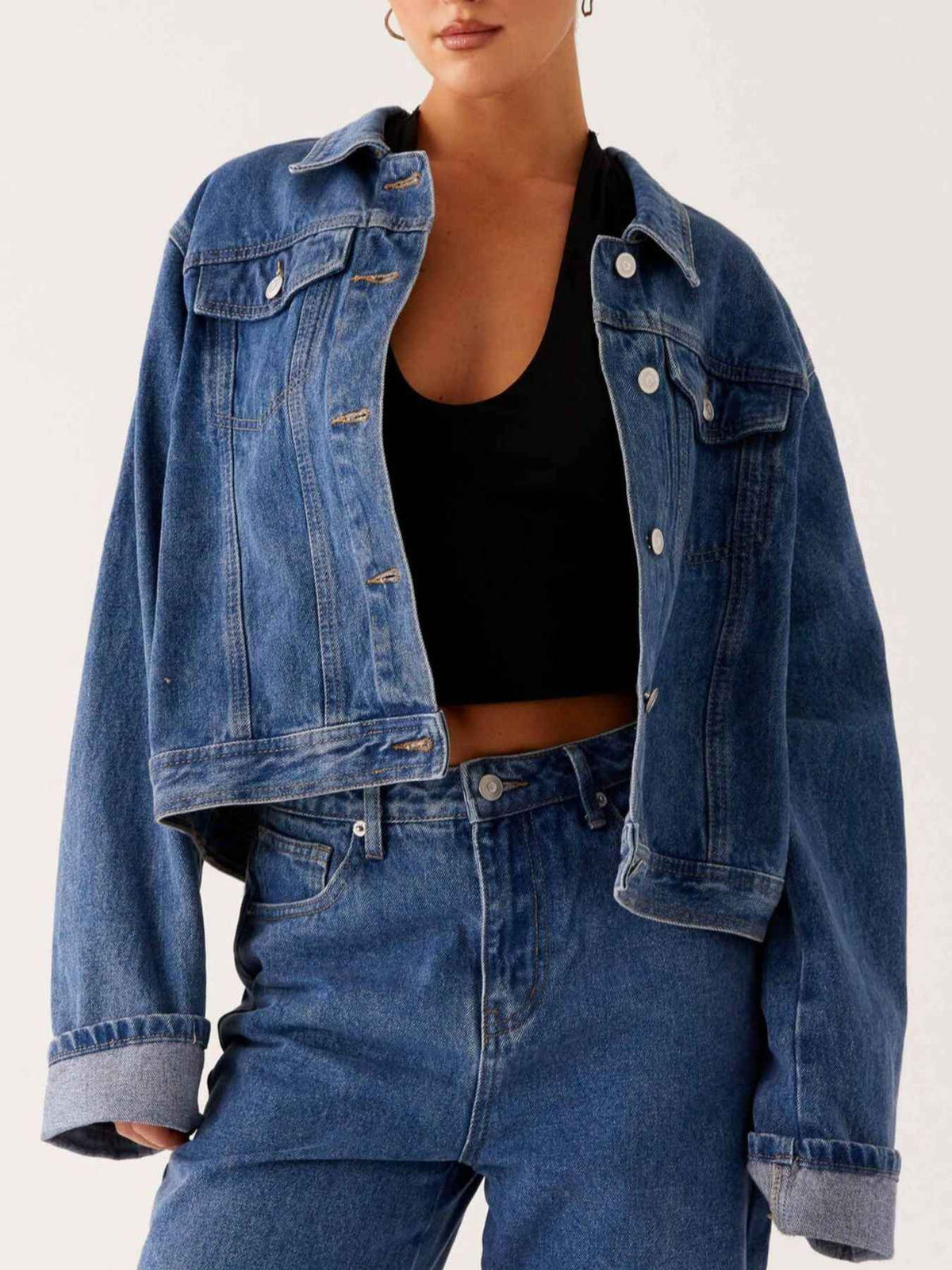 Button Down Cropped Oversized Denim Jacket — view 1