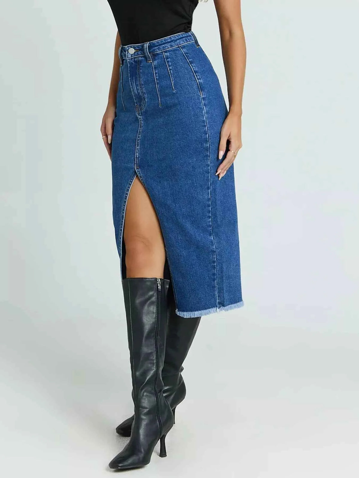 High-Waisted Slit Denim Skirt — view 4