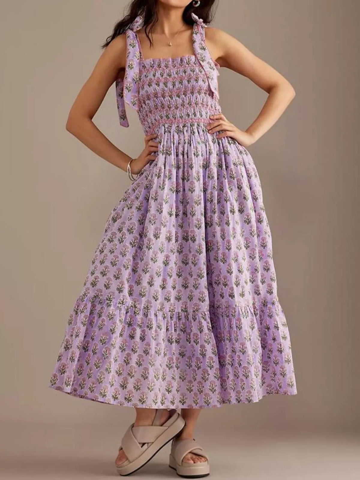 Floral Smocked Tie-Shoulder Midi Dress — view 6