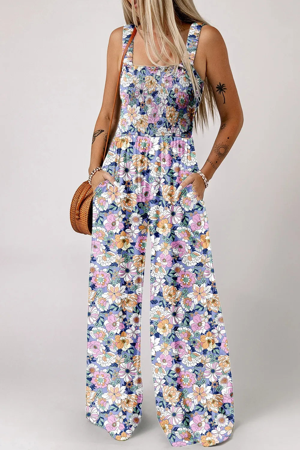 Floral Print Smocked High Waist Square Neck Jumpsuit — view 7