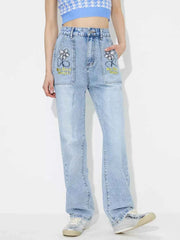 Flower High Rise Straight Leg Jeans with Pockets — view 1