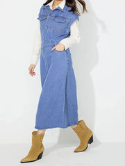Slit Half Button Collared Neck Cap Sleeve Denim Dress — view 10
