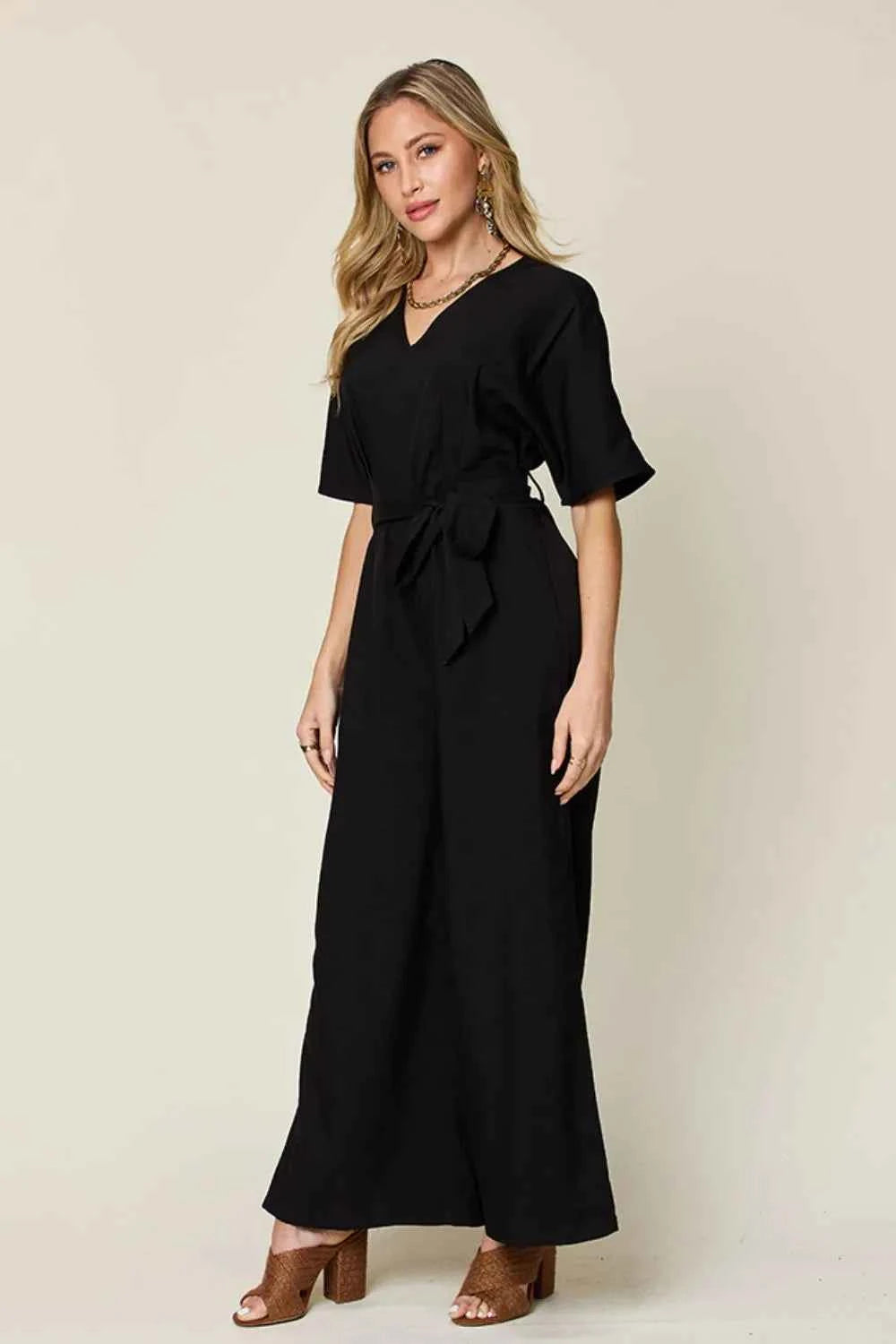 Double Take V-Neck Tied Side Slit Jumpsuit — view 4
