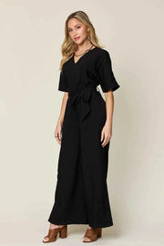 Double Take V-Neck Tied Side Slit Jumpsuit — view 4