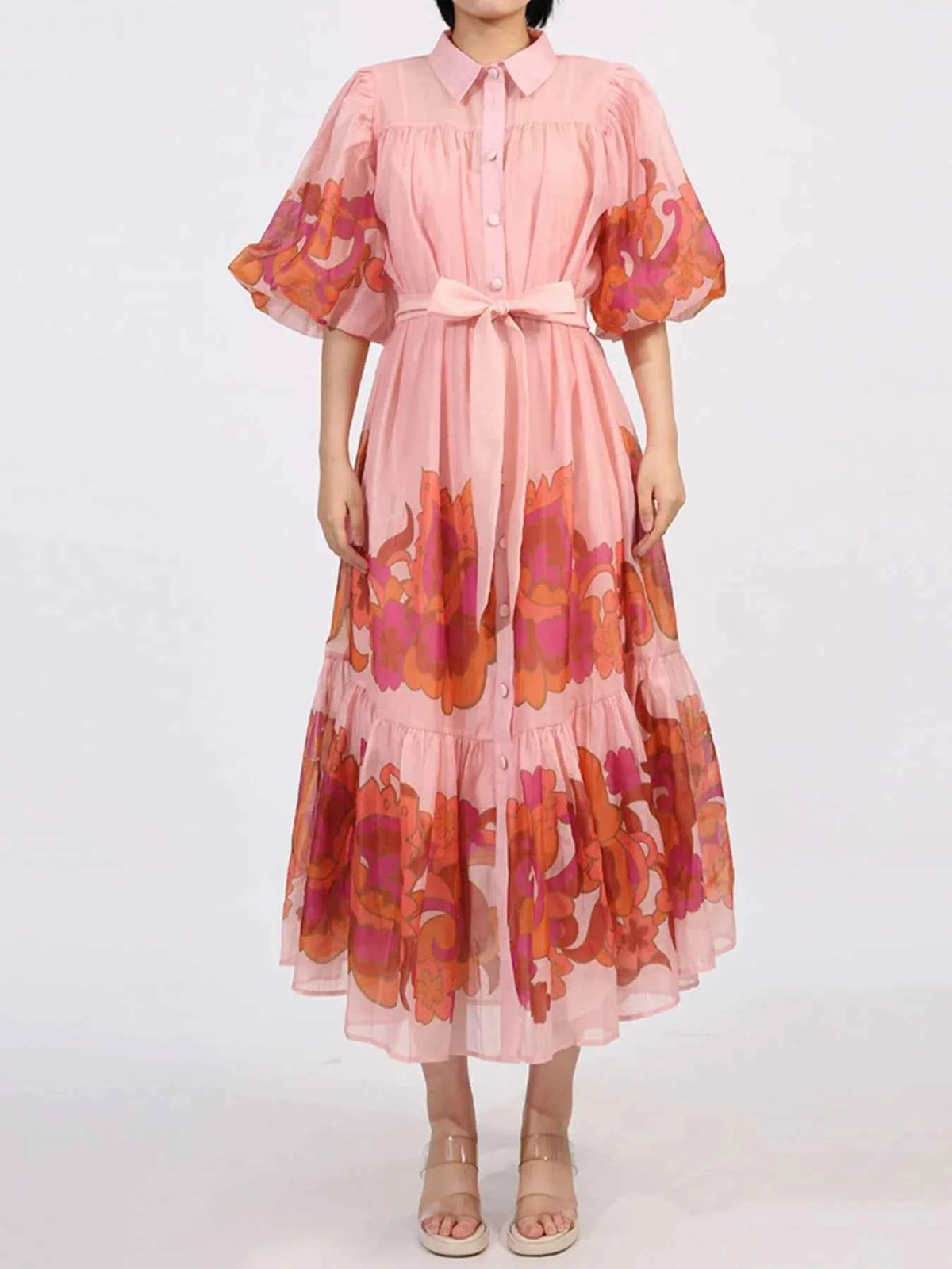 Button Front Puff Sleeve Dress