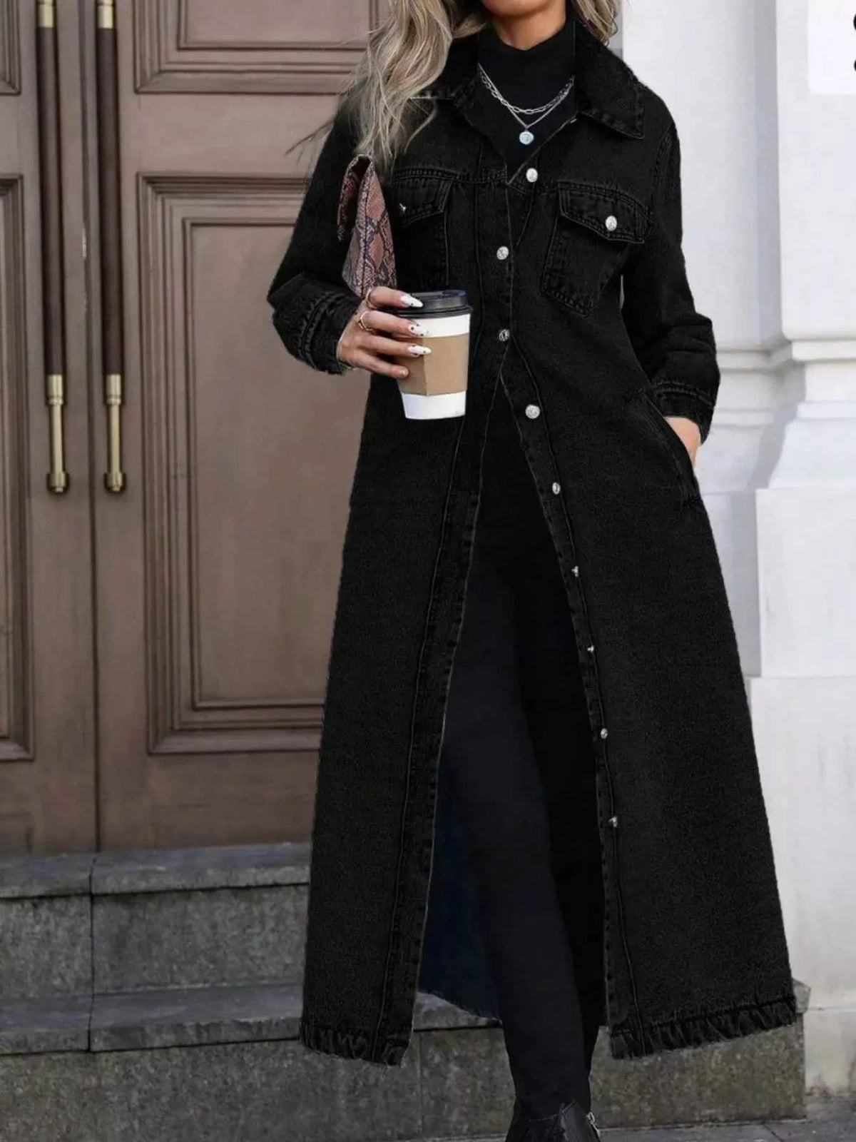 Effortlessly Stylish Longline Button-Front Denim Jacket for Every Occasion — view 11