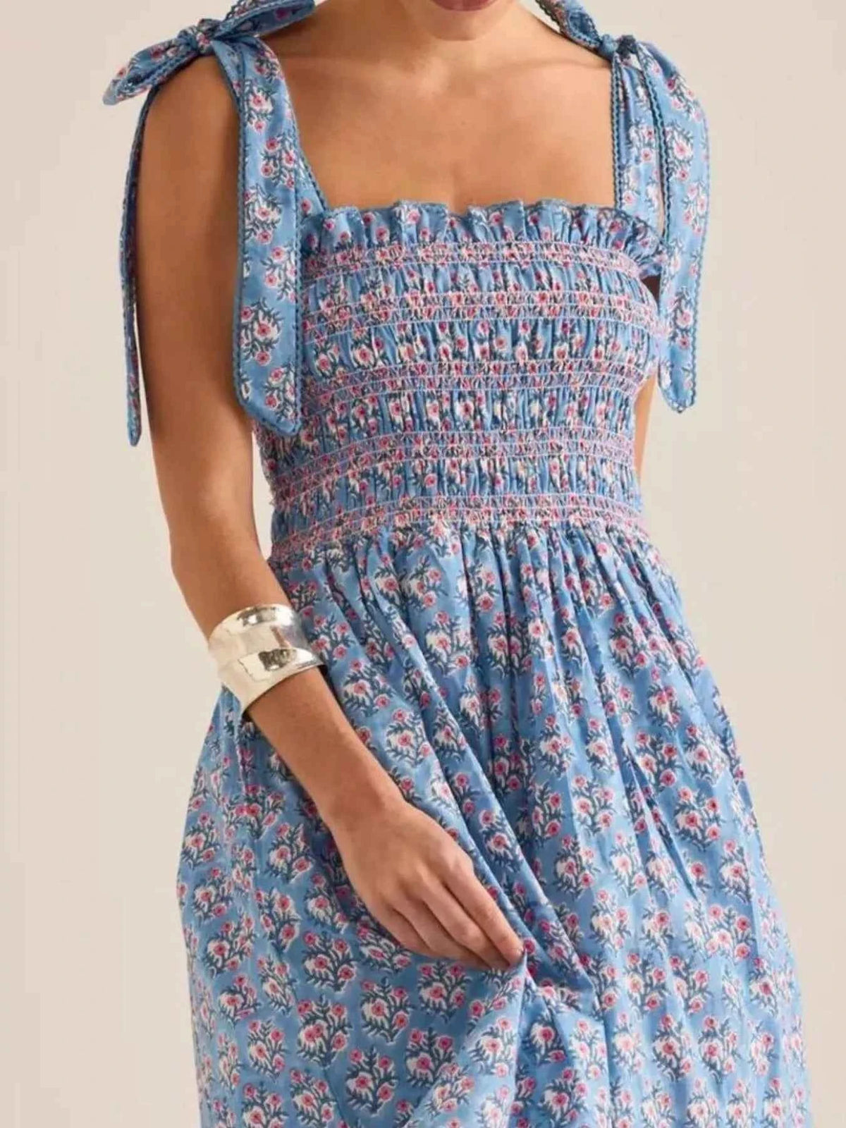 Floral Smocked Tie-Shoulder Midi Dress — view 3