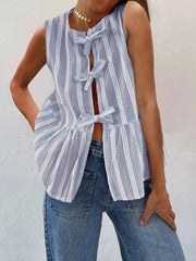 Tied Striped Round Neck Tank — view 1