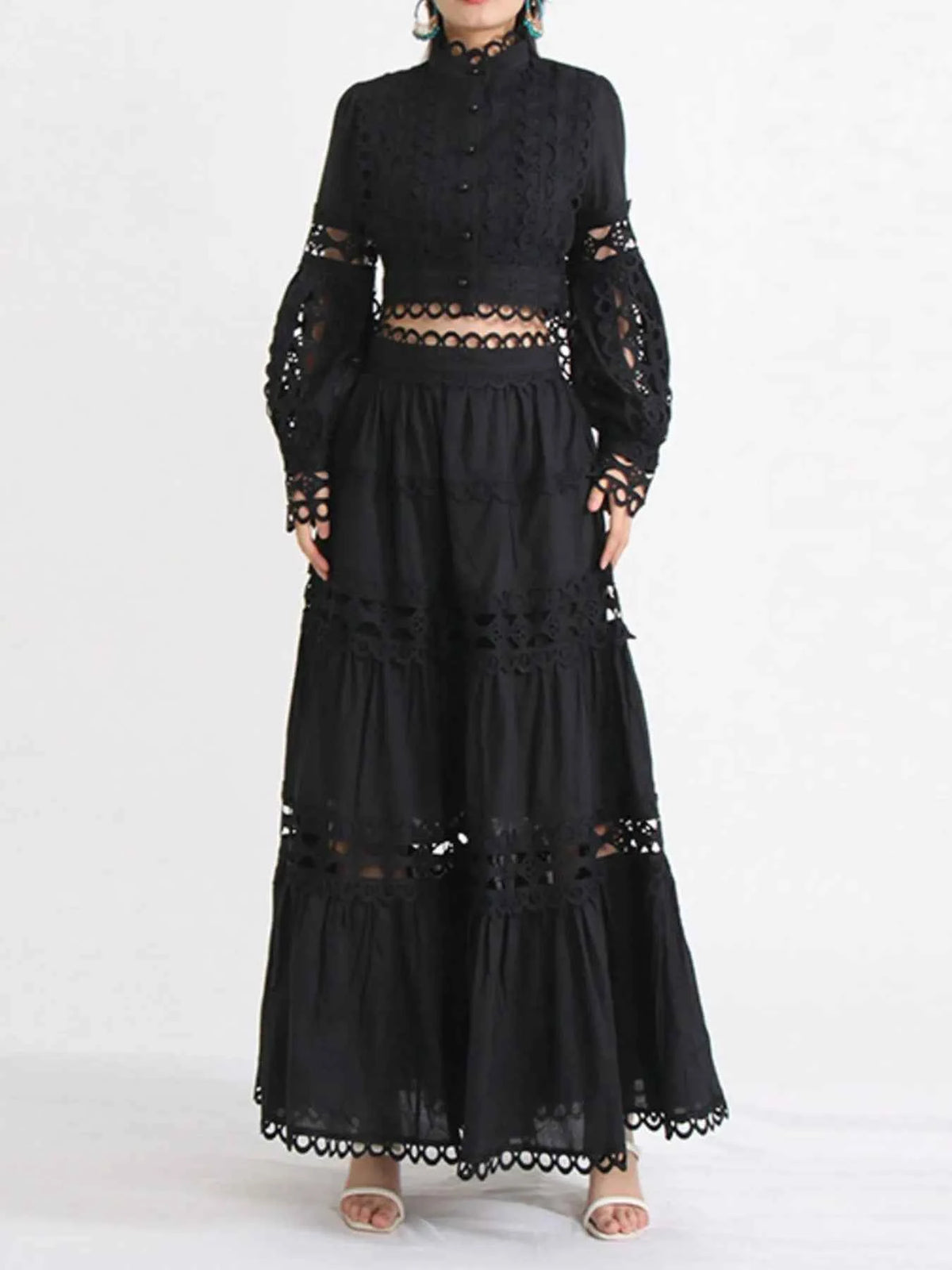 Lace Button Up Long Sleeve Top and Skirt Set