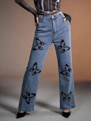 Butterfly Print High-Waisted Wide Leg Jeans — view 5