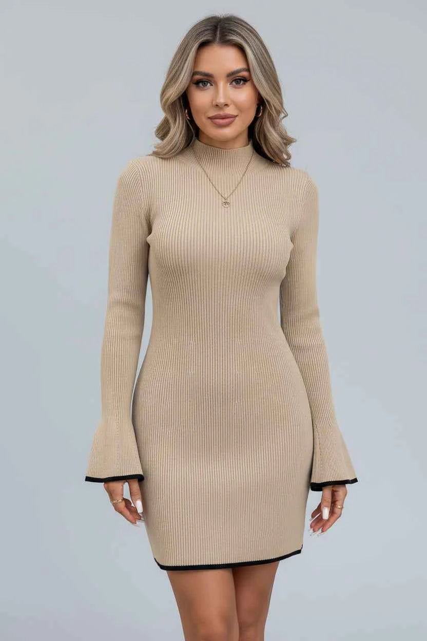Ribbed Mock Neck Flare Sleeve Sweater Dress — view 3