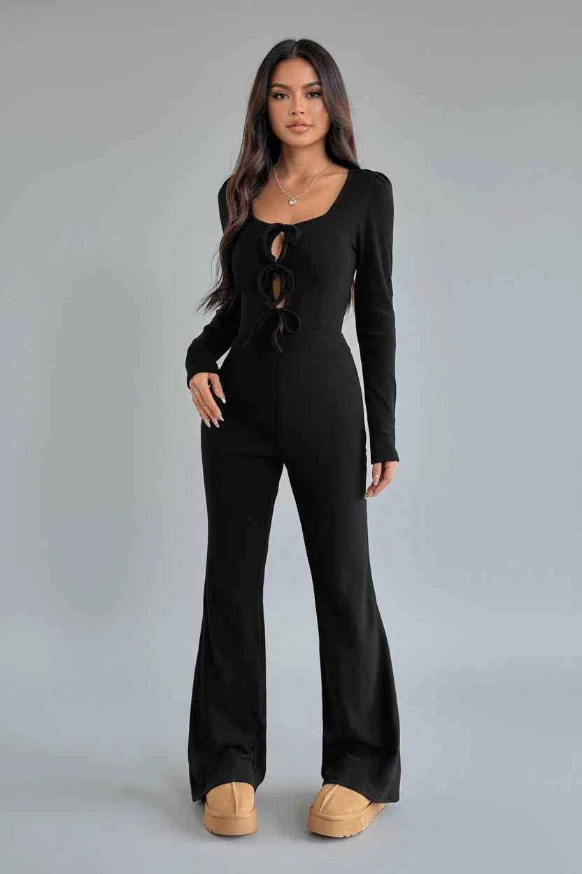 Tie Front Long Sleeve Flare Jumpsuit