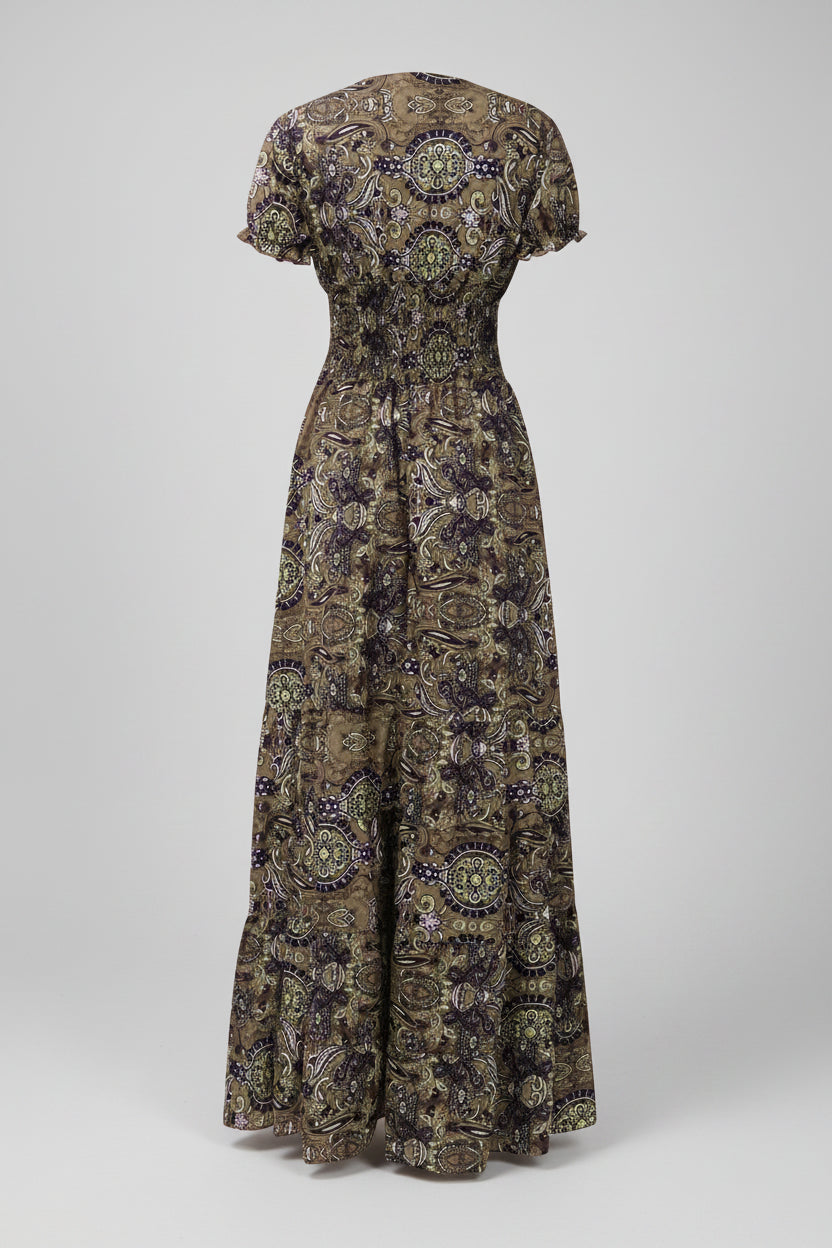 Smocked Printed V-Neck Short Sleeve Dress for Effortless Elegance — view 11