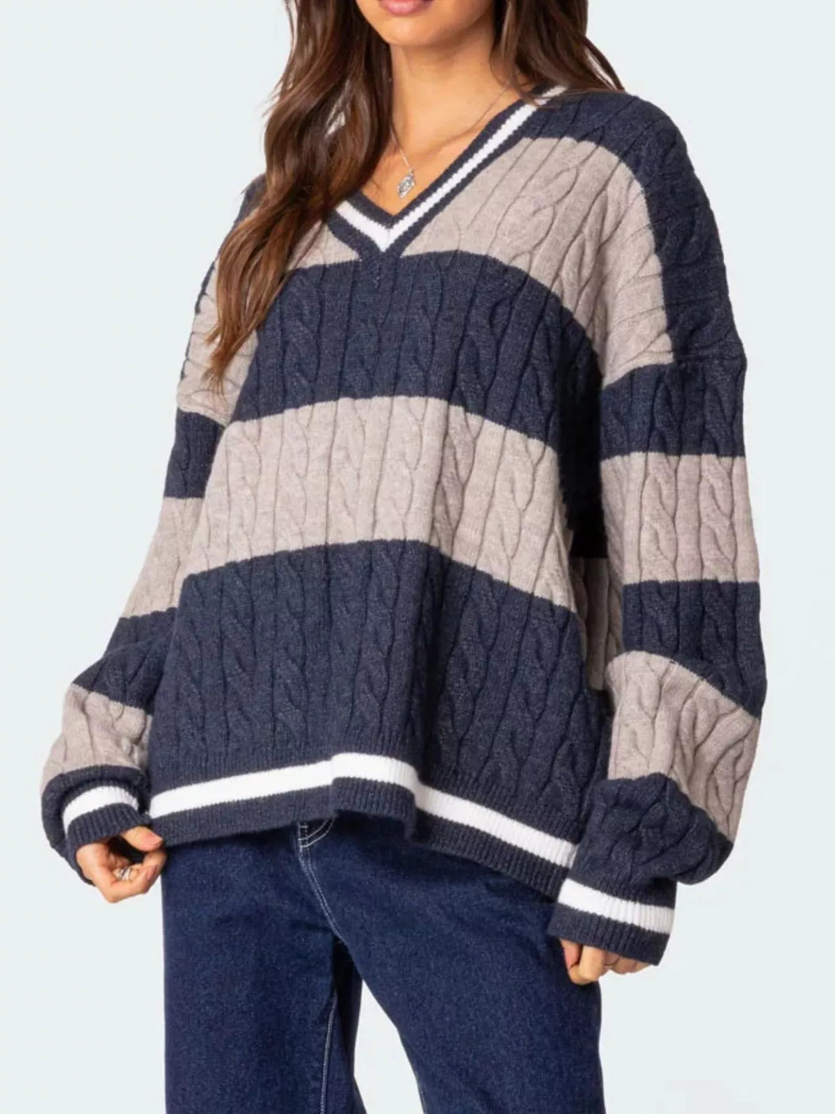 Striped Cable Knit V-Neck Sweater — view 9