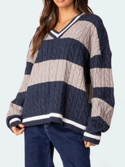 Striped Cable Knit V-Neck Sweater — view 9