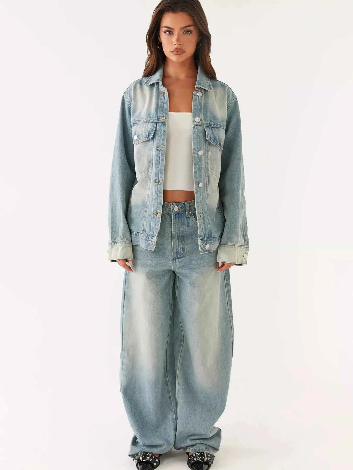 Button Up Denim Jacket and Jeans Set - Effortless Style — view 3