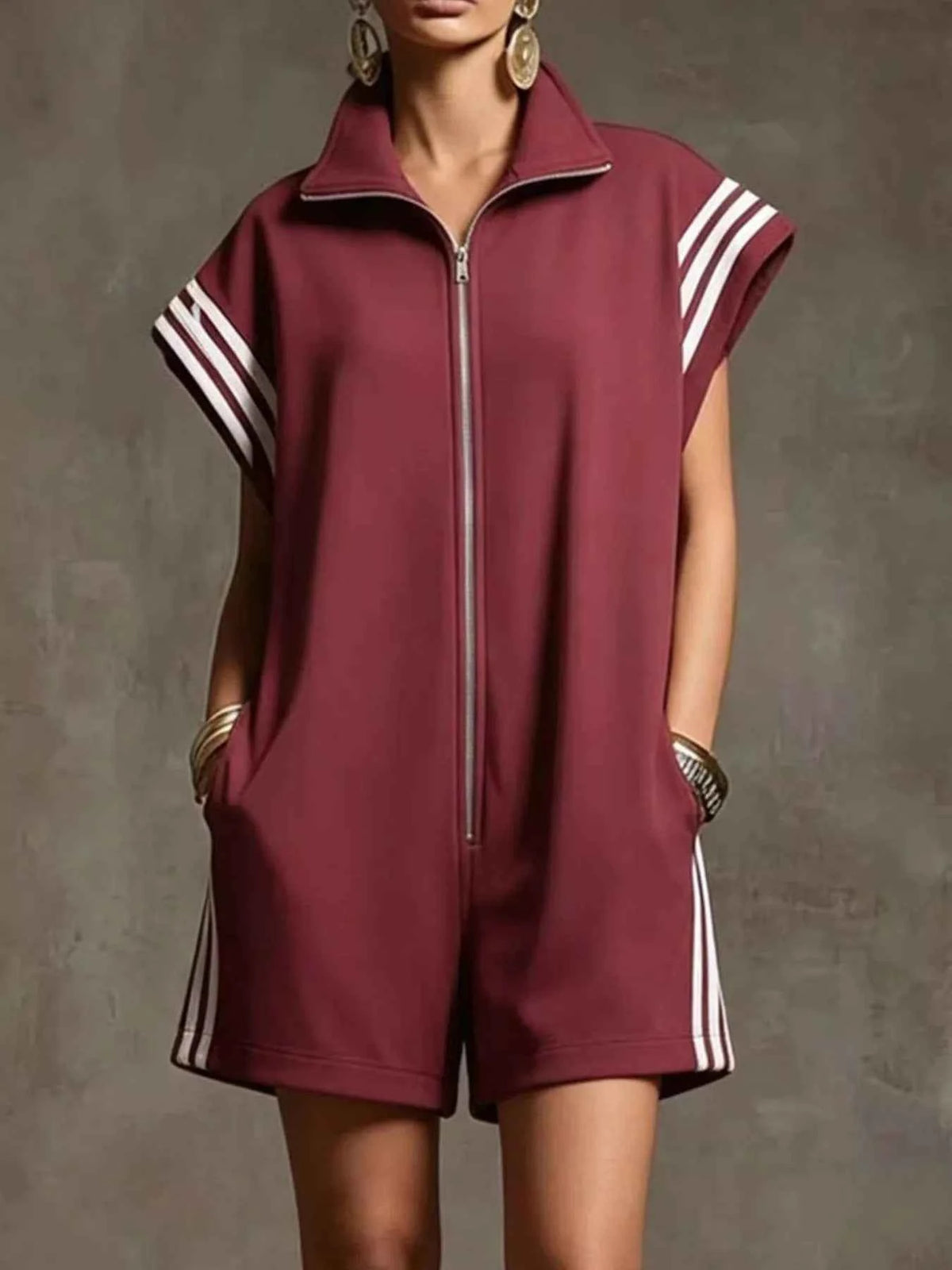 Striped Zip Front Short Sleeve Romper — view 4