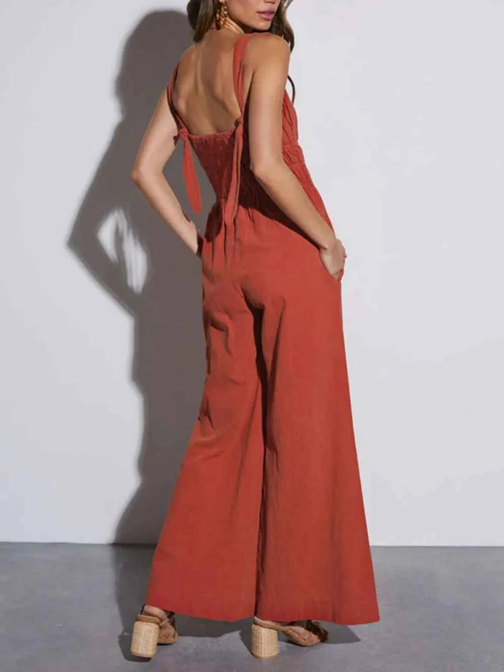 Perfee Ruched Wide Strap Jumpsuit with Pockets — view 2