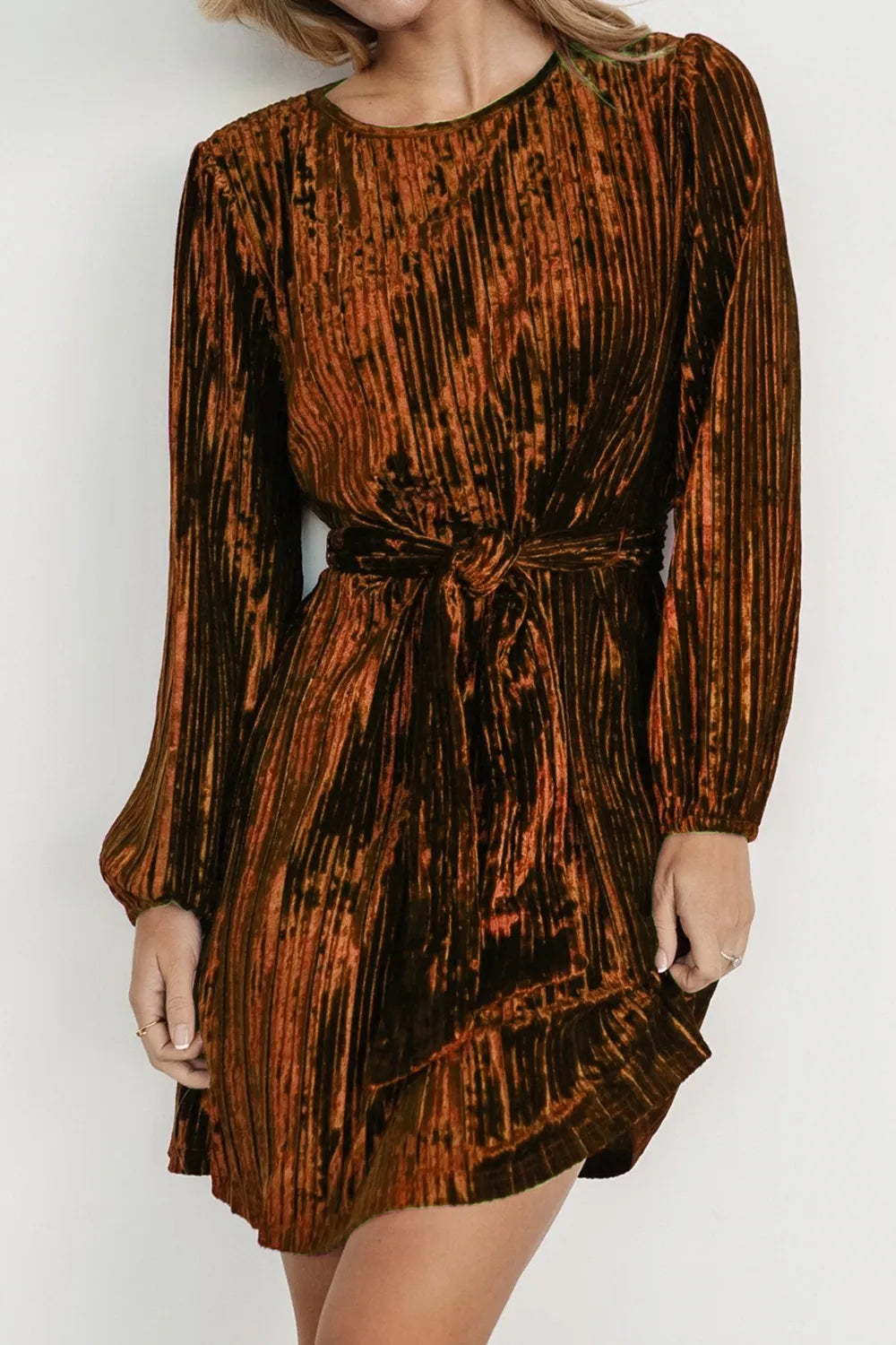 Velvet Round Neck Tie Waist Long Sleeve Mini Dress — view 8