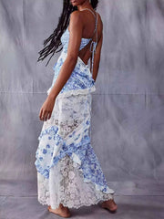 Lace Floral Print Ruffle Trim Maxi Dress — view 5