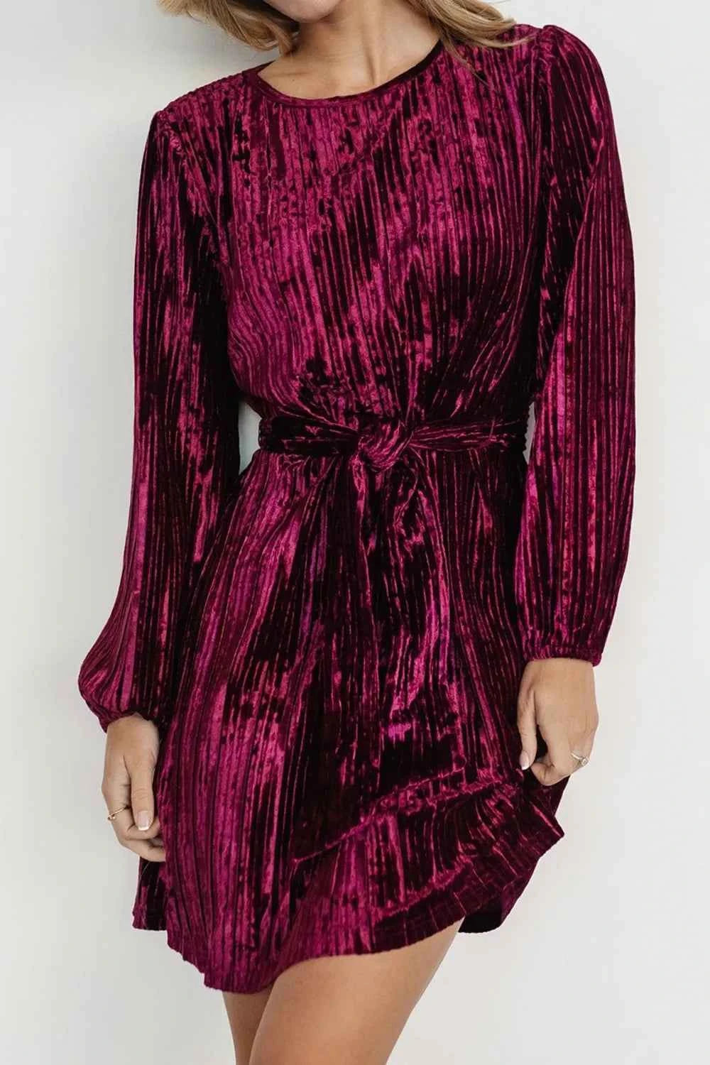 Velvet Round Neck Tie Waist Long Sleeve Mini Dress — view 3