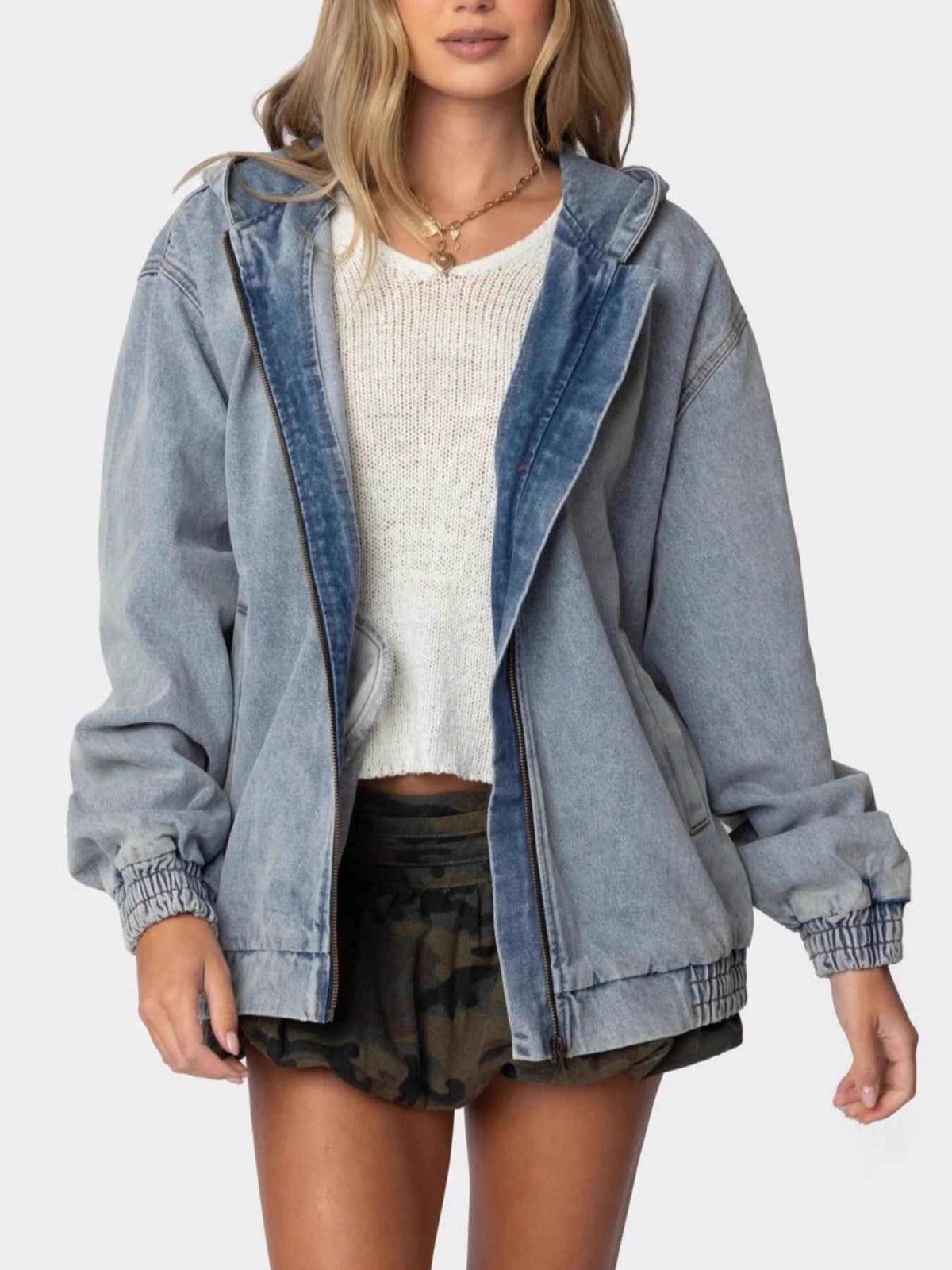 Hooded Oversized Zip Up Denim Jacket — view 1