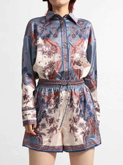 Printed Button Front Long Sleeve Shirt and Shorts Set — view 2