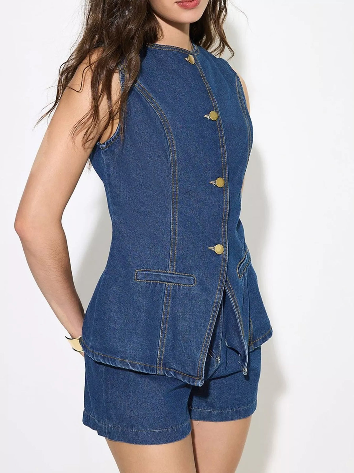 Button Up Sleeveless Denim Top — view 5