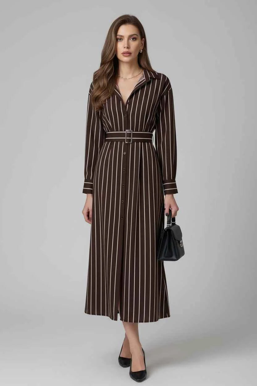 Striped Long Sleeve Belted Shirt Dress — view 4