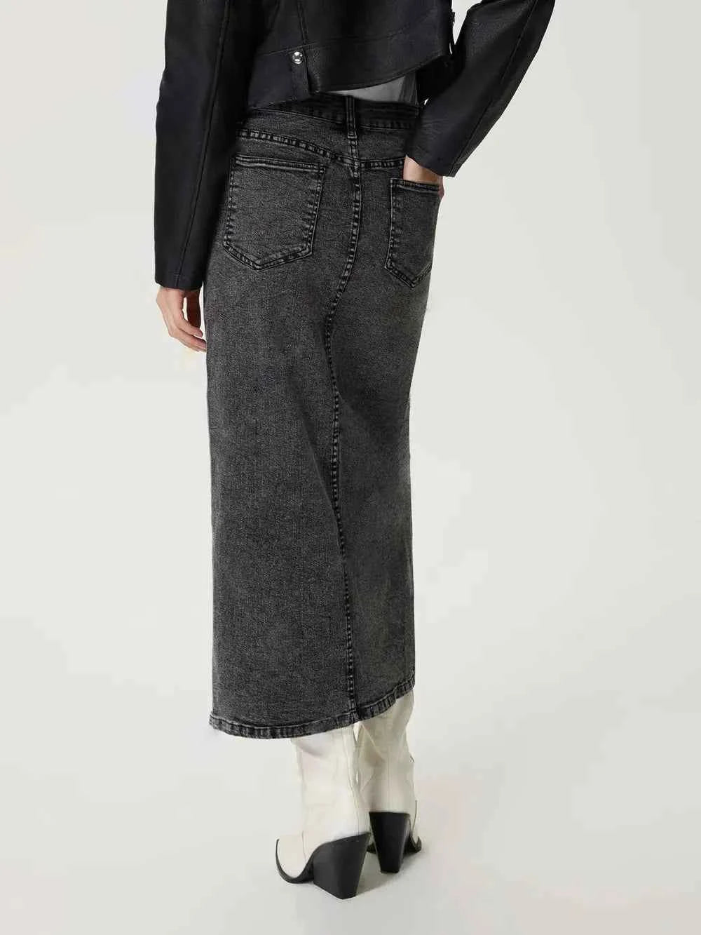 Slit Midi Denim Skirt with Pockets — view 2