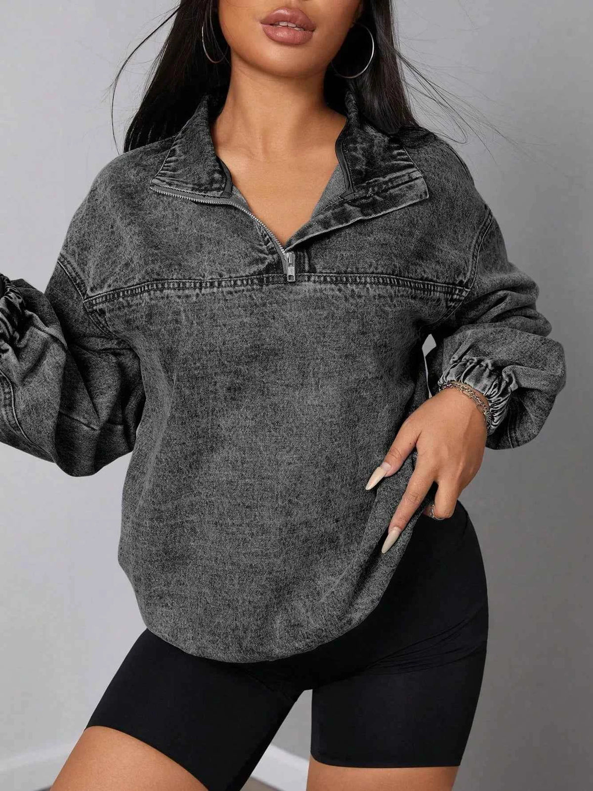 Elastic Hem Quarter Zip Denim Top — view 2