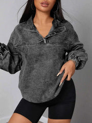 Elastic Hem Quarter Zip Denim Top — view 2