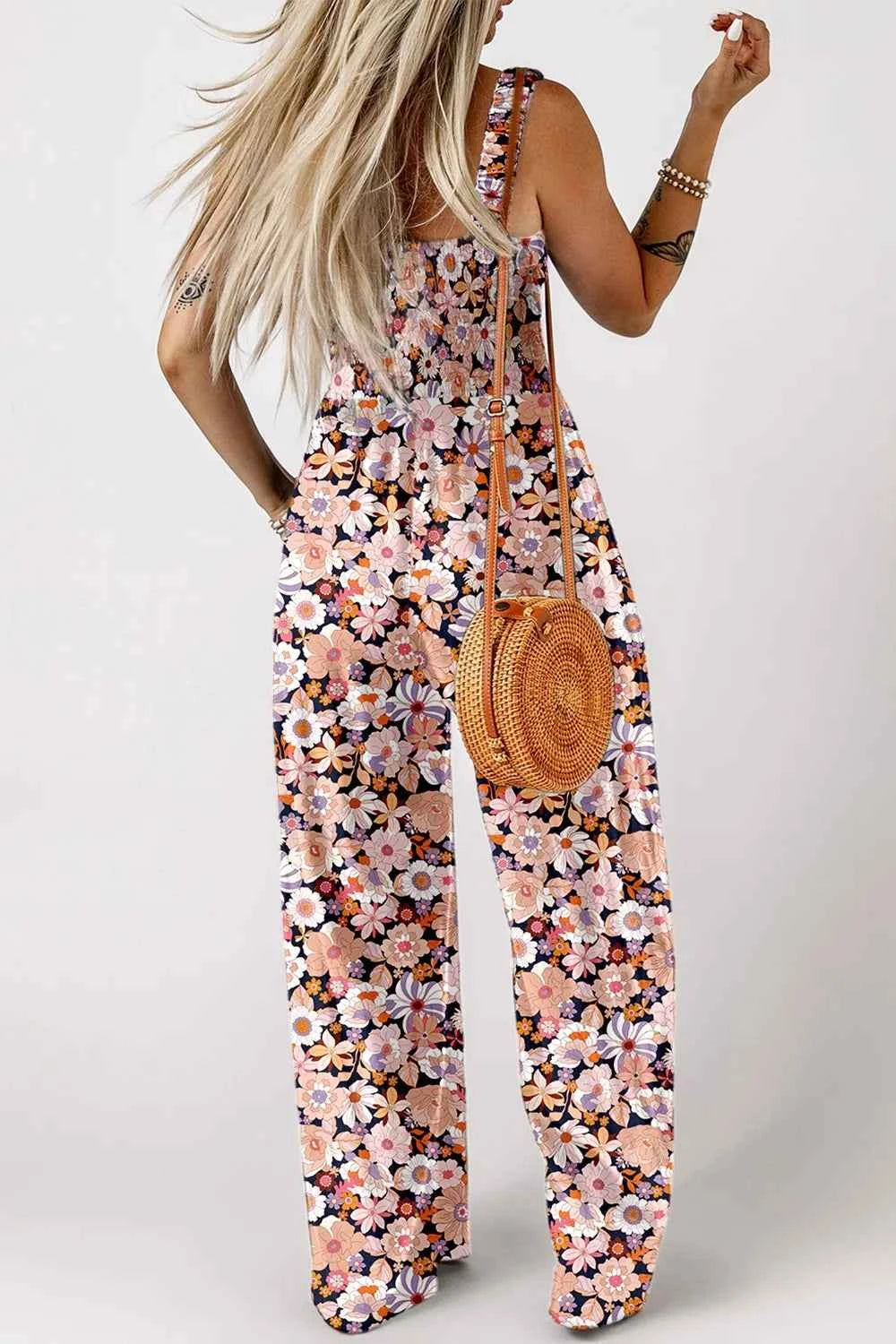 Floral Print Smocked High Waist Square Neck Jumpsuit — view 2