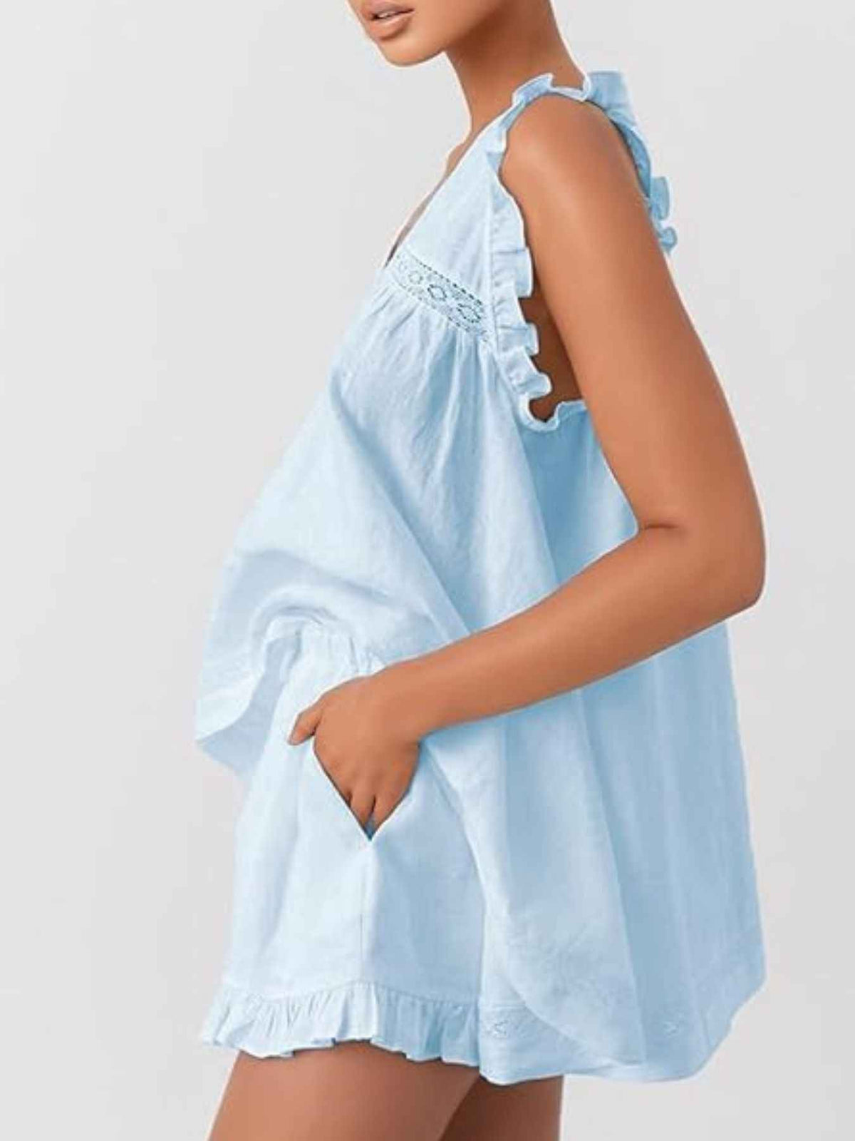 Ruffle Trim V-Neck Top and Shorts Set — view 2