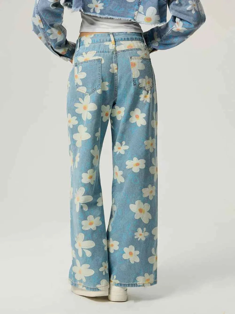 Pocketed Floral Wide Leg Jeans — view 2