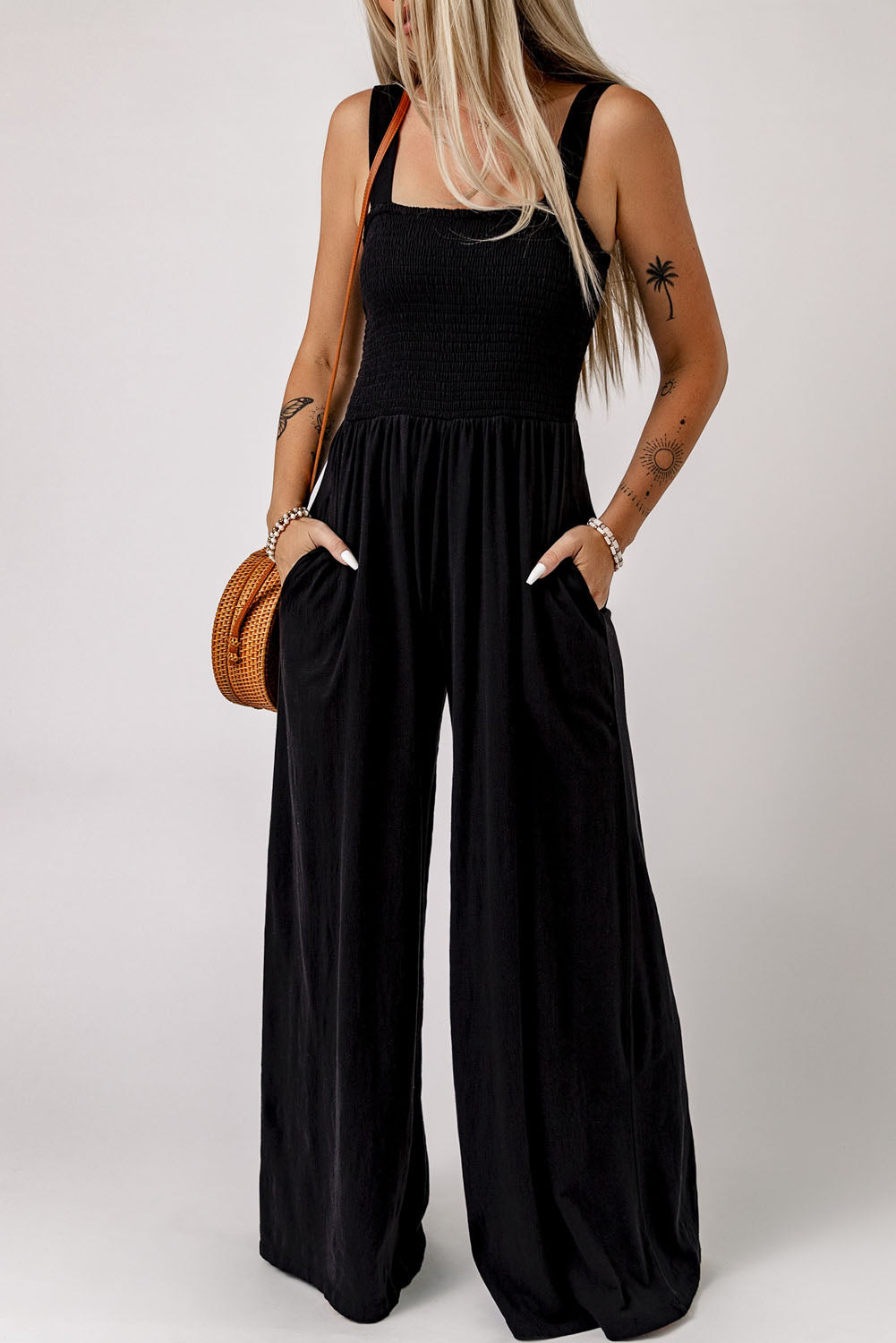 Smocked Square Neck Wide Leg Jumpsuit with Pockets — view 1
