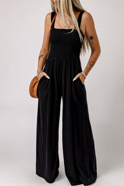 Smocked Square Neck Wide Leg Jumpsuit with Pockets — view 1
