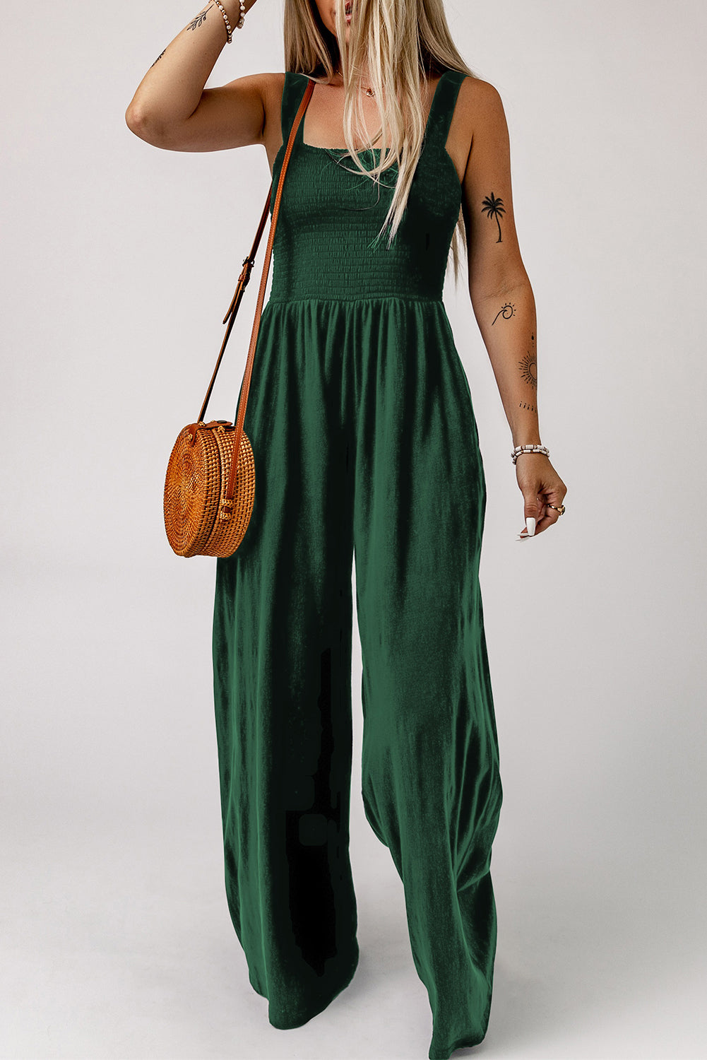 Smocked Square Neck Wide Leg Jumpsuit with Pockets — view 5