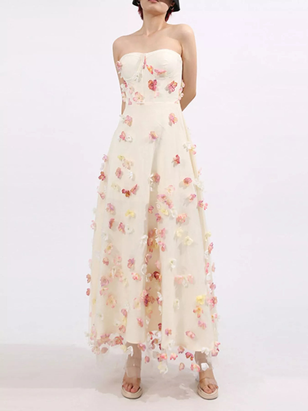 Floral Applique Strapless Tulle Maxi Dress — view 8