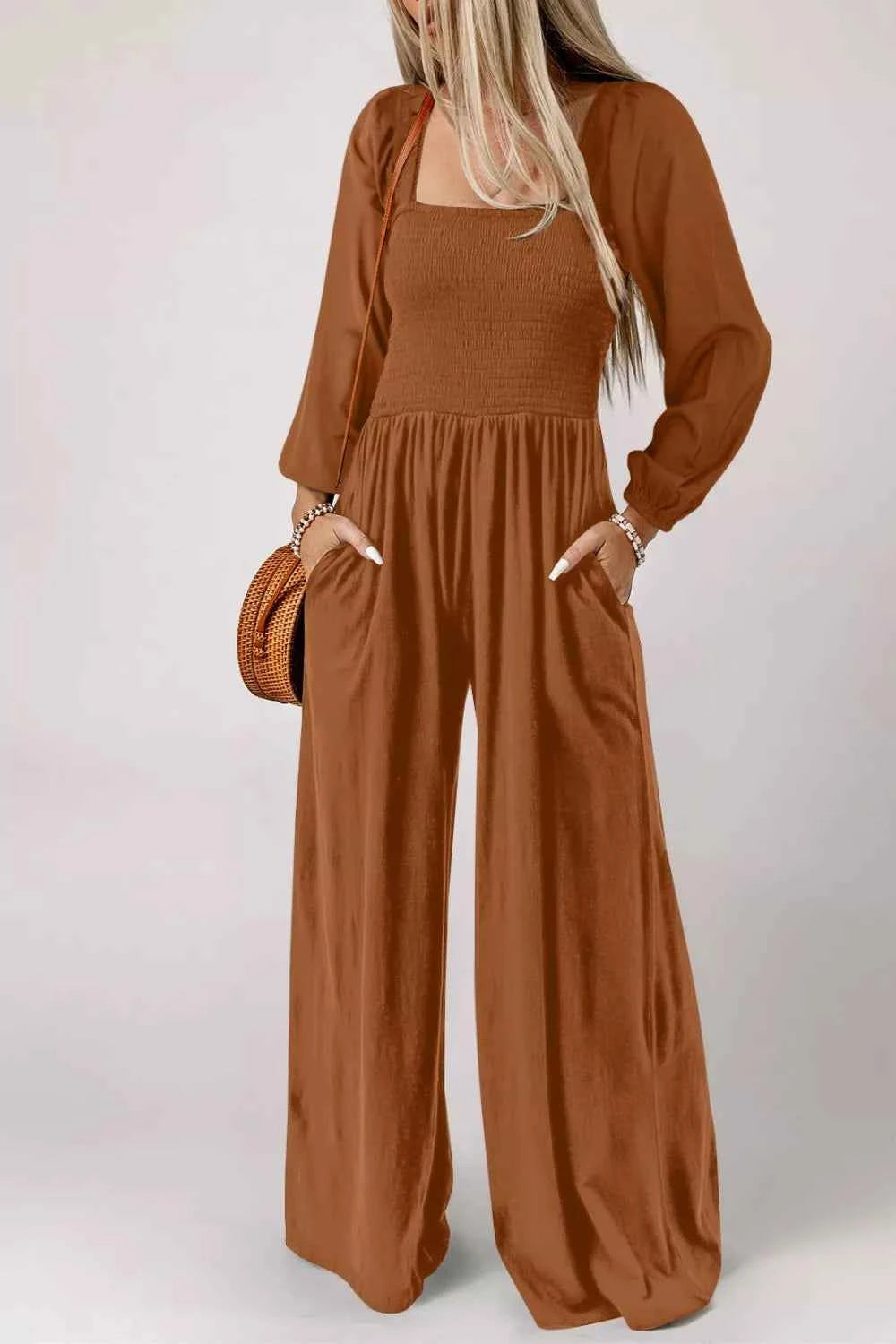 Boho Smocked Square Neck Wide Leg Jumpsuit — view 1