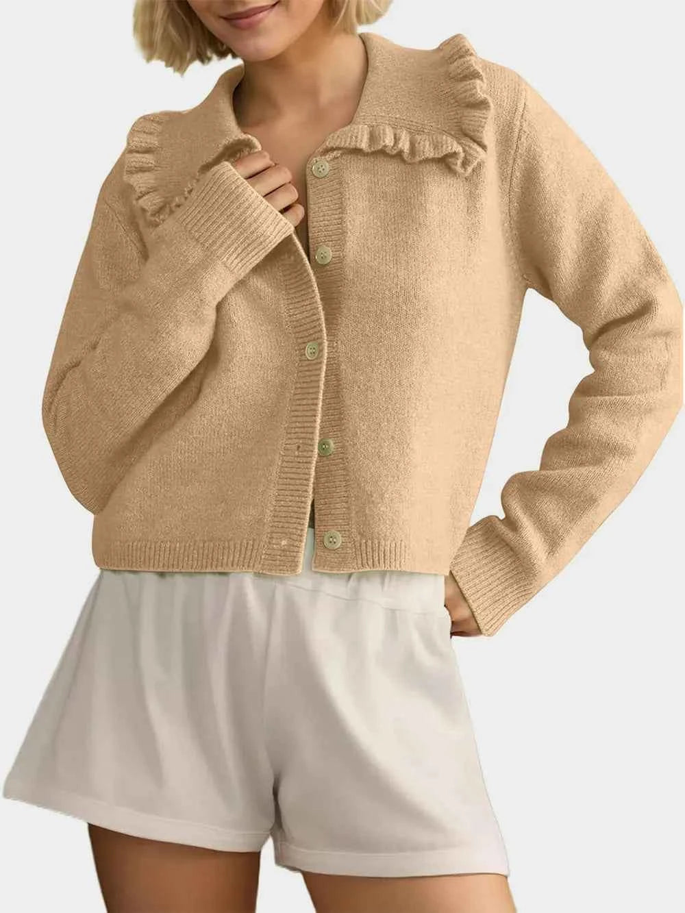 Button Up Long Sleeve Cardigan with Peter Pan Collar — view 1